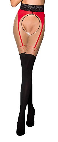 Rot schwarze Damen Dessous ouvert Strumpfhose elastisch transparent im Schritt offen mit Straps Muster 3/4 von Passion Dessous