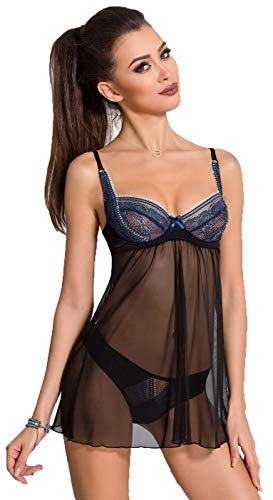 Schwarz blaues Frauen Dessous Chemise Negligee transparent aus Tüll und Spitze mit Bügel Cups und Slip Nacht-Kleid S/M von Passion Dessous