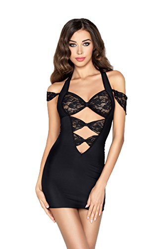 Schwarzes Damen Dessous Minikleid in schwarz mit Spitze Elegantes Kleid Chemise mit String S/M von Passion Dessous