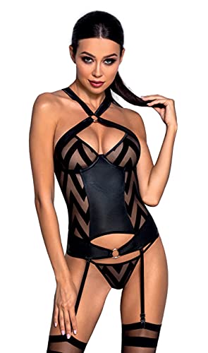 Schwarzes Frauen Dessous Corset Strapshemd mit String, Strumpfhalter und Bügel Cups aus Kunstleder und Netz S/M von Passion Dessous