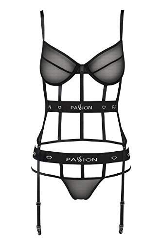 Schwarzes Frauen Dessous Straps Corset String Body transparent aus Gummi Bänder mit Bügel Cups S/M von Passion Dessous