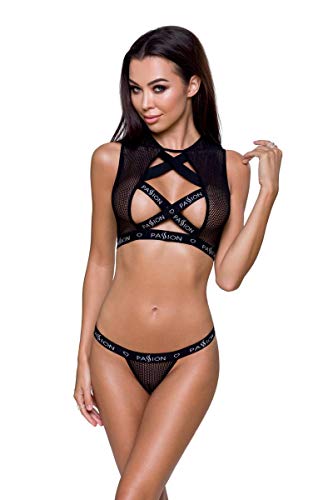 Schwarzes erotisches Damen Dessous Set BH Top und String aus Netzmaterial und Gummi Bänder schwarz transparent L/XL von Passion Dessous