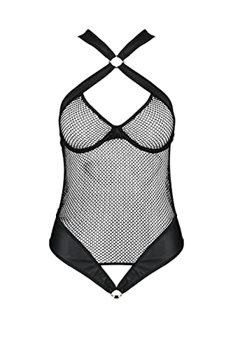 Transparenter schwarzer Damen Dessous Body aus Netz und Kunstleder Stringbody mit Hakenverschluss S/M von Passion Dessous