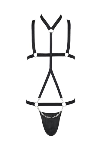 Passion Menswear Dessous Schwarzes Herren Harness Set Männer Geschirr mit String aus Kunstleder und Ketten S/M von Passion Menswear Dessous