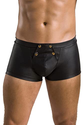 Passion Menswear Schwarzer Herren Dessous Shorts aus mattem Kunstleder mit Metallknöpfe für Öffnung fetisch Hose für Männer S/M von Passion Menswear