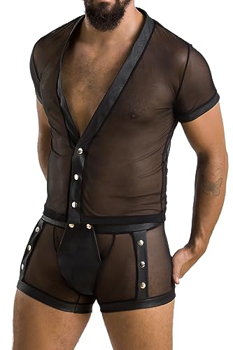 Passion Menswear Schwarzes Herren Dessous fetisch Set Outfit aus Kunstleder und Netzmaterial Hemd und Short transparent S/M von Passion Menswear