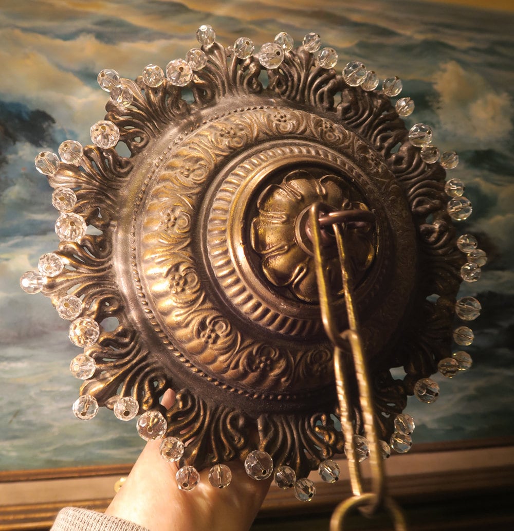 8" Vintage Decken Rosette Spelter Brass Baldachin Lampe Kronleuchter Teil Snowflake Inspiriertes Design Mit Glas Facettierten Perlen von PassionCollectibles