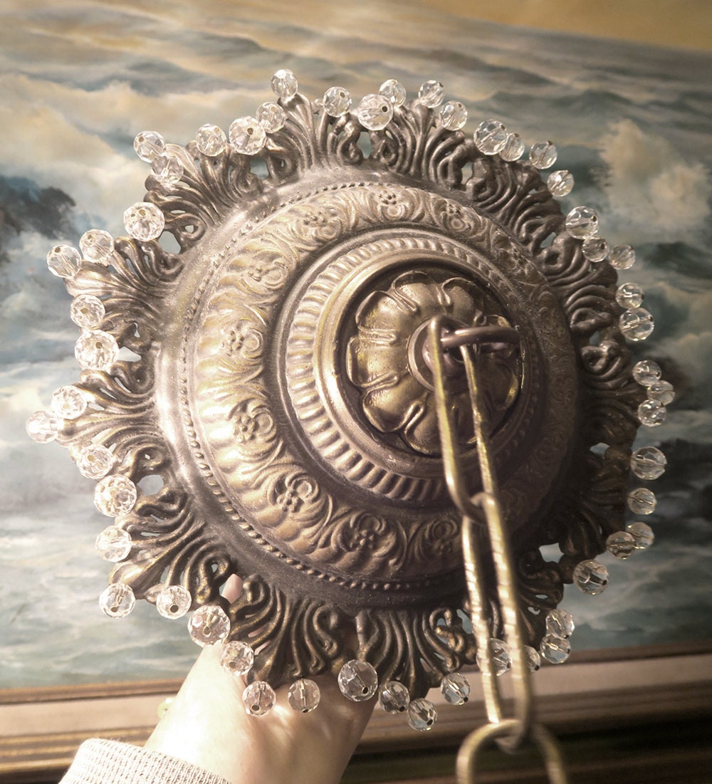 8" Vintage Decken Rosette Spelter Brass Baldachin Lampe Kronleuchter Teil Snowflake Silber Ton Inspiriert Design Mit Glas Facettierten Perlen von PassionCollectibles