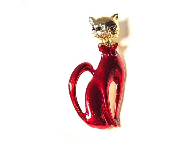 Vintage Katze Brosche Emaille Rot Gold Schmuck Modeschmuck Anstecker von PassionaShop