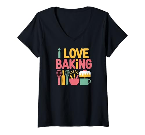 Damen I Love Baking Schneebesen Spatel Cake Fun T-Shirt mit V-Ausschnitt von Passionate Baking Enthusiasts Delight