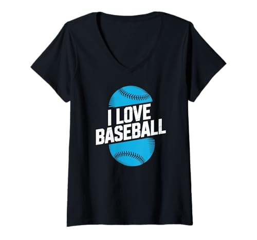 Damen I Love Baseball Sport Fan Bekleidung T-Shirt mit V-Ausschnitt von Passionate Baseball Enthusiast Designs