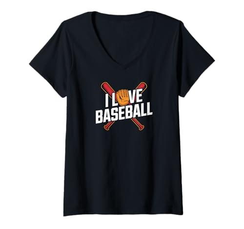 Damen I Love Baseball Enthusiast Handschuh Schläger T-Shirt mit V-Ausschnitt von Passionate Baseball Enthusiasts Club