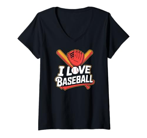 Damen I Love Baseball Fans Handschuh Schläger Sport T-Shirt mit V-Ausschnitt von Passionate Baseball Enthusiasts Club