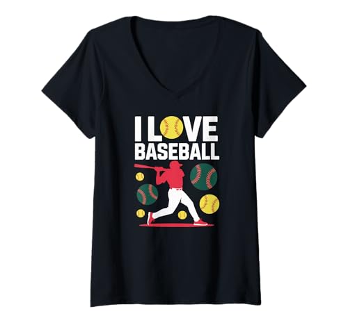 Damen I Love Baseball Enthusiast-Grafik T-Shirt mit V-Ausschnitt Damen I Love Baseball Enthusiast-Grafik T-Shirt mit V-Ausschnitt von Passionate Baseball Fanatic Apparel