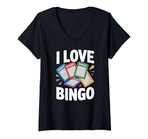 Damen I Love Bingo Bunte verspielte Karten T-Shirt mit V-Ausschnitt Damen I Love Bingo Bunte verspielte Karten T-Shirt mit V-Ausschnitt von Passionate Bingo Enthusiast Fun