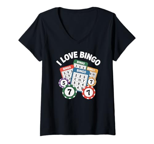 Damen Ich Liebe Bingokarten und Chips Passion T-Shirt mit V-Ausschnitt von Passionate Bingo Enthusiasts Club