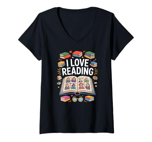 Damen Ich Liebe es, Open-Book-Charaktere zu lesen T-Shirt mit V-Ausschnitt von Passionate Book Enthusiast Collective