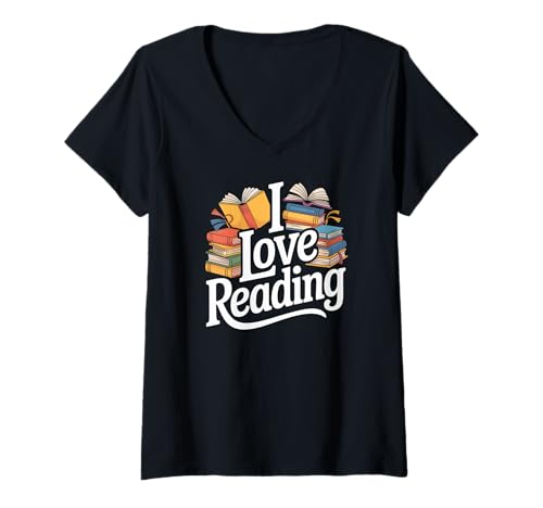 Damen I Love Reading Enthusiast Bücherwurm-Stil T-Shirt mit V-Ausschnitt von Passionate Book Lovers Literature Fans
