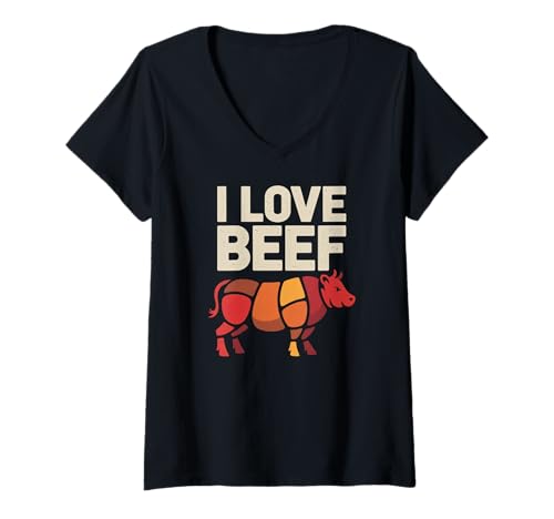 Damen I Love Beef Enthusiast Butcher Grafik T-Shirt mit V-Ausschnitt Damen I Love Beef Enthusiast Butcher Grafik T-Shirt mit V-Ausschnitt von Passionate Carnivore Lifestyle Apparel