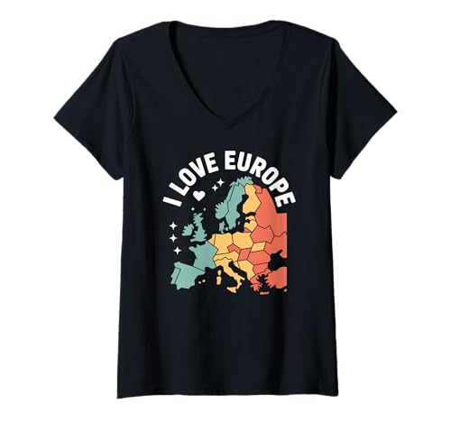 Damen Ich Liebe Europa-Karten-Enthusiasten-Design T-Shirt mit V-Ausschnitt von Passionate European Travel Lovers United