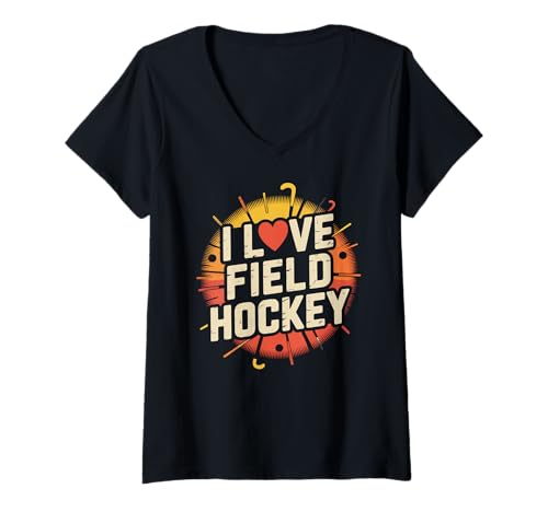 Damen Ich Liebe Feldhockey Heart Circle Pride T-Shirt mit V-Ausschnitt von Passionate Field Hockey Enthusiasts Unite