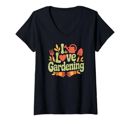 Damen I Love Gardening Gießkanne in Herzform T-Shirt mit V-Ausschnitt von Passionate Green Thumb Gardening Enthusiasts
