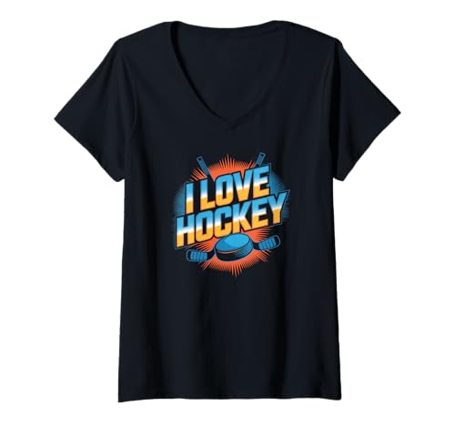 Damen I Love Hockey Enthusiast-Grafik T-Shirt mit V-Ausschnitt von Passionate Hockey Fans Team Spirit