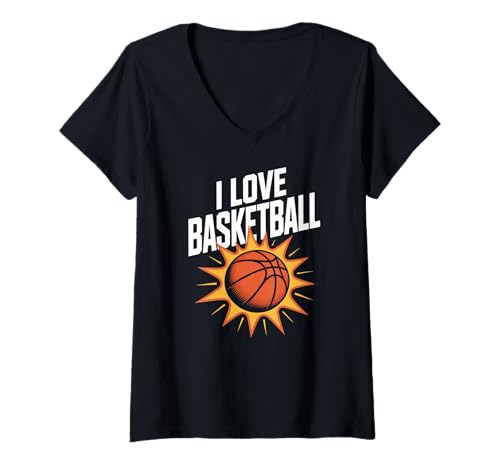 Damen Ich Liebe Basketball Vibrant Sunburst Motivation T-Shirt mit V-Ausschnitt von Passionate Hoops Enthusiasts United