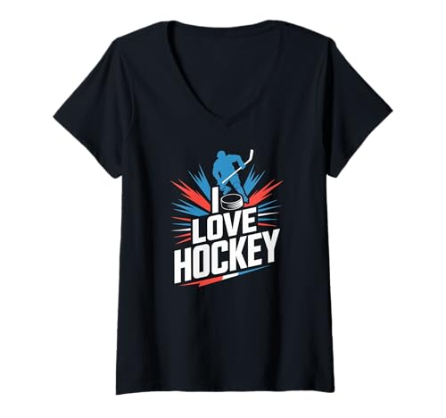 Damen Ich Liebe Hockey Enthusiast Spirit T-Shirt mit V-Ausschnitt von Passionate Ice Rink Fan Club