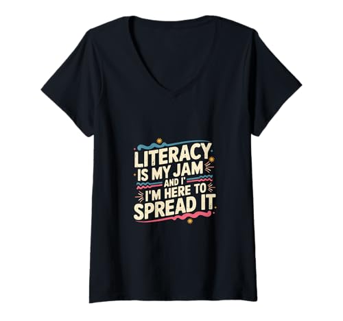 Damen Literacy is My Jam and I'm Here to Spread It |- T-Shirt mit V-Ausschnitt Damen Literacy is My Jam and I'm Here to Spread It |- T-Shirt mit V-Ausschnitt von Passionate Literacy English Teacher