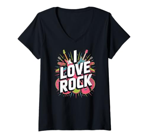 Damen I Love Rock Musikinstrumente lustiges Design T-Shirt mit V-Ausschnitt Damen I Love Rock Musikinstrumente lustiges Design T-Shirt mit V-Ausschnitt von Passionate Rock Music Enthusiasts Gear