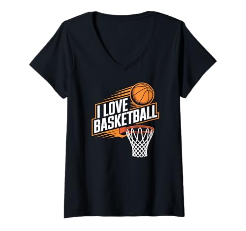 Damen I Love Basketball Grafik mit Hoop Design T-Shirt mit V-Ausschnitt Damen I Love Basketball Grafik mit Hoop Design T-Shirt mit V-Ausschnitt von Passionate Sports Enthusiasts United