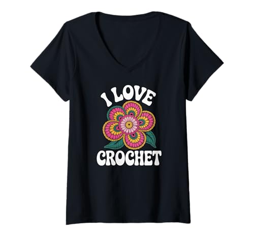 Damen I Love Crochet buntes Blumenmuster T-Shirt mit V-Ausschnitt von Passionate Yarn Enthusiasts Bloom