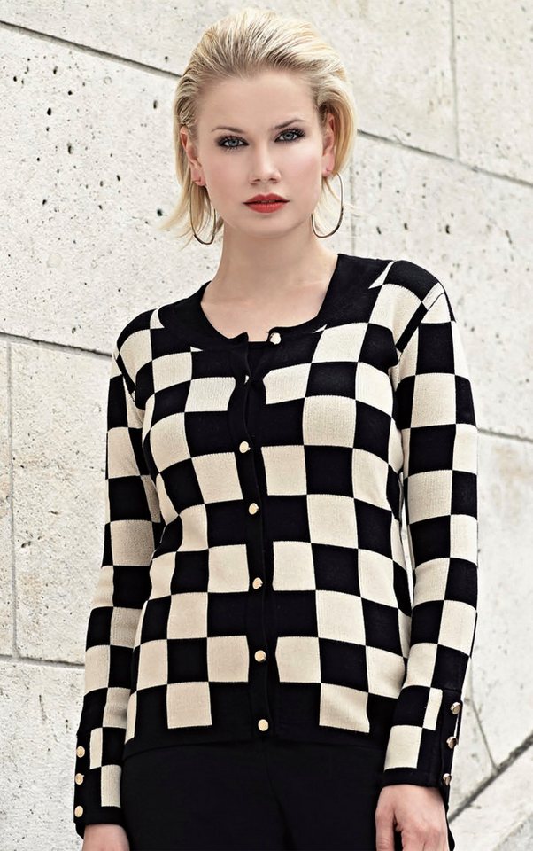Passioni Cardigan Twinset in Beige-Schwarz mit Schachbrettmuster von Passioni