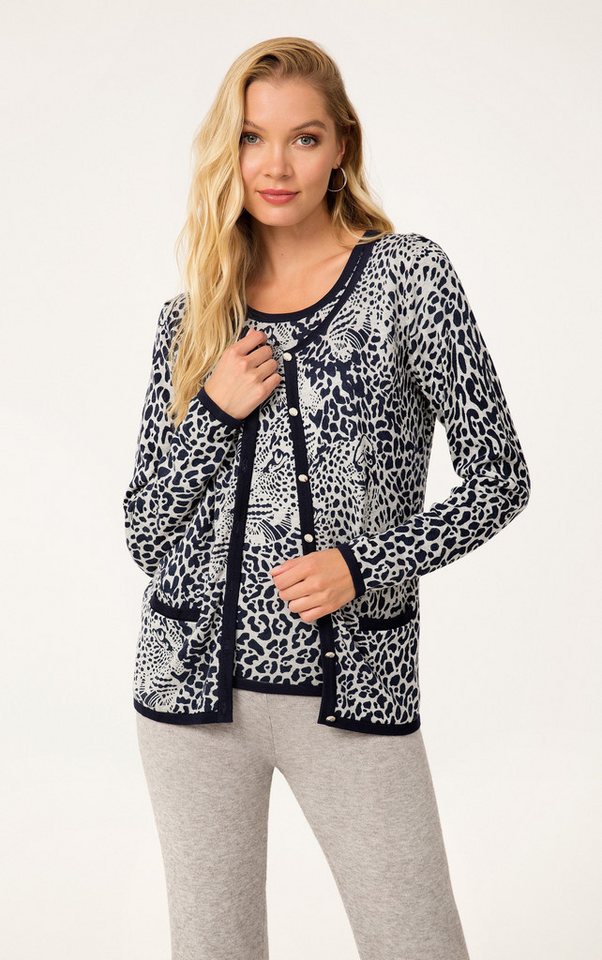 Passioni Cardigan Twinset mit marineblauem und grauem Leopardenmuster Passioni Cardigan Twinset mit marineblauem und grauem Leopardenmuster von Passioni