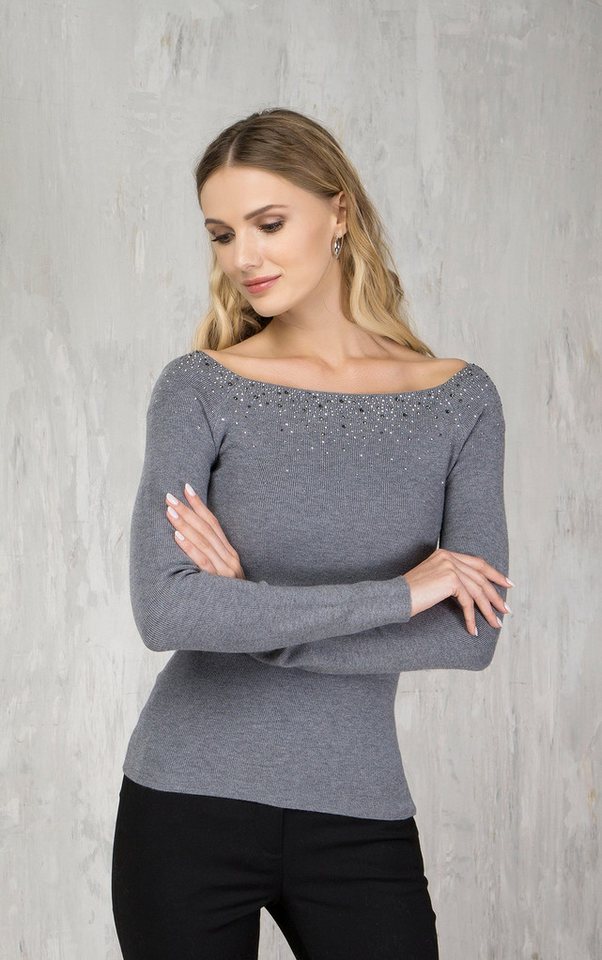 Passioni Carmenpullover Pullover mit U-Boot-Ausschnitt und Strassdetails Off-Shoulder von Passioni
