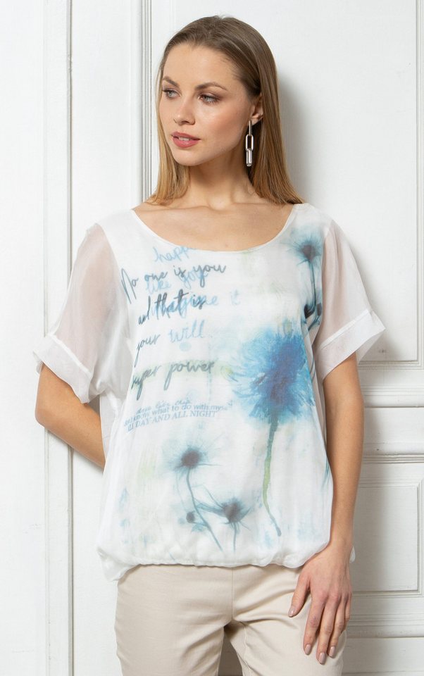 Passioni Chiffonbluse Chiffontunika in Weiß mit hellblauem Text und Blumenmuster Passioni Chiffonbluse Chiffontunika in Weiß mit hellblauem Text und Blumenmuster von Passioni