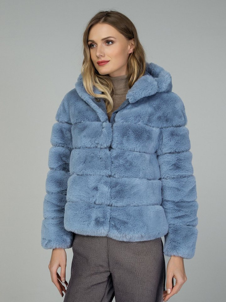 Passioni Fellimitatjacke Felljacke in Steppoptik mit Kapuze mit seitlichen Eingrifftaschen von Passioni