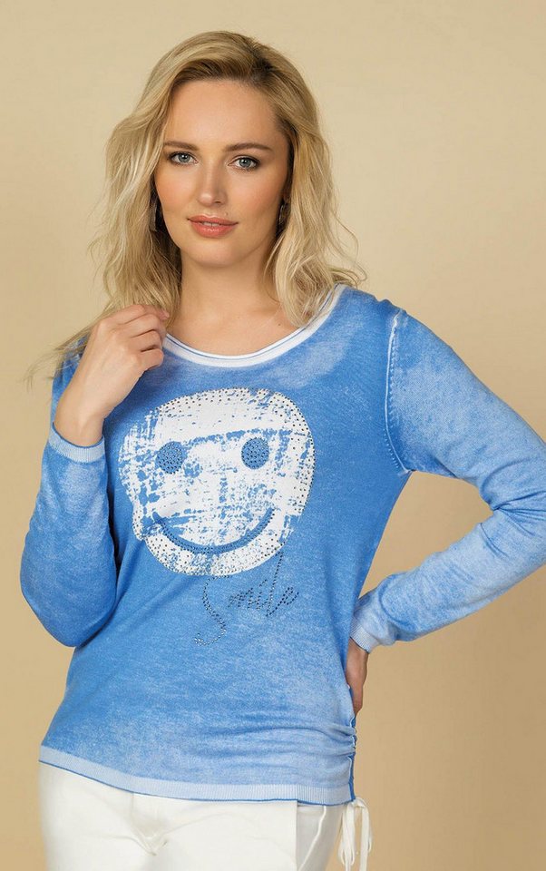 Passioni Longpullover in Blau, mit einem Smiley Print und Glitzer Verzierung von Passioni