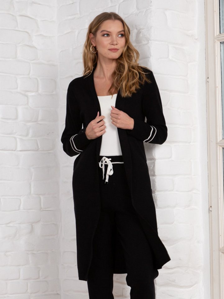 Passioni Longstrickjacke Schwarze Strickjacke mit weißen Ärmeldetails mit Taschen von Passioni