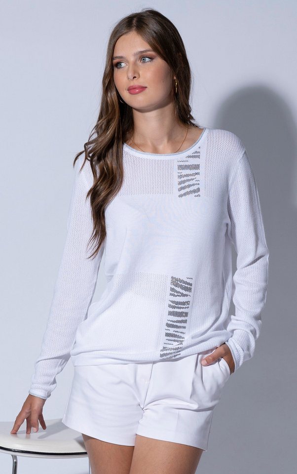 Passioni Streifenpullover Weißer Pullover mit vertikalem Glitzer-Zebrastreifen Perforierter Sweater ideal für den Sommer von Passioni