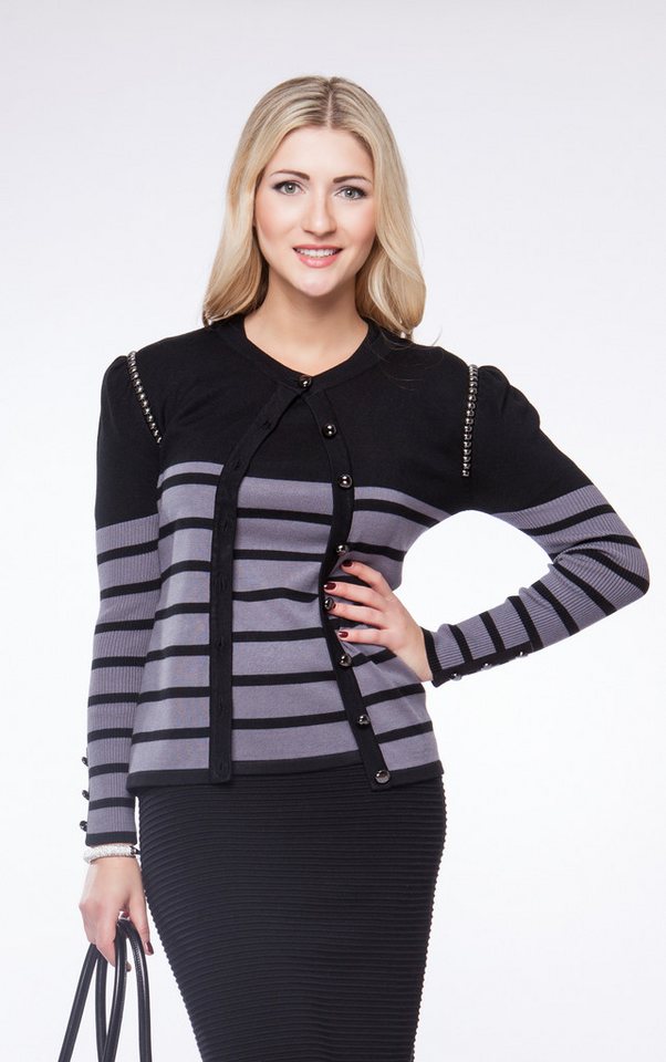 Passioni Strickjacke Twinset in grau-schwarzem Uni- und Streifenmuster mit Nietendetails von Passioni