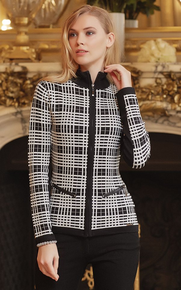 Passioni Strickjacke in klassischem Schwarz-Weiß-Karomuster mit Reißverschluss von Passioni