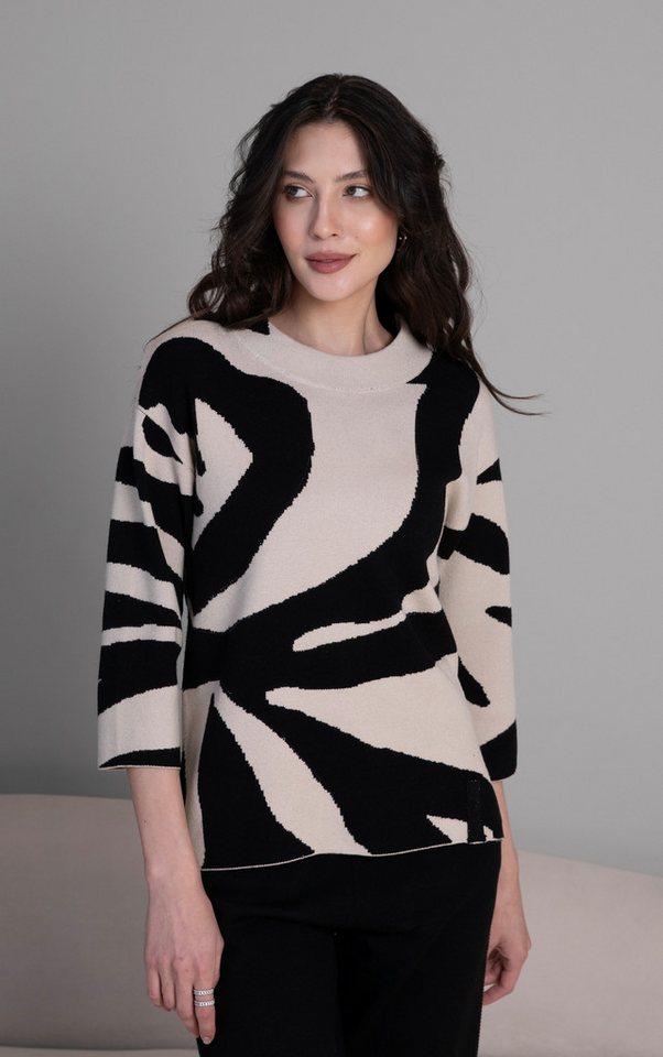 Passioni Strickpullover in Beige und Schwarz mit großem abstraktem Muster von Passioni