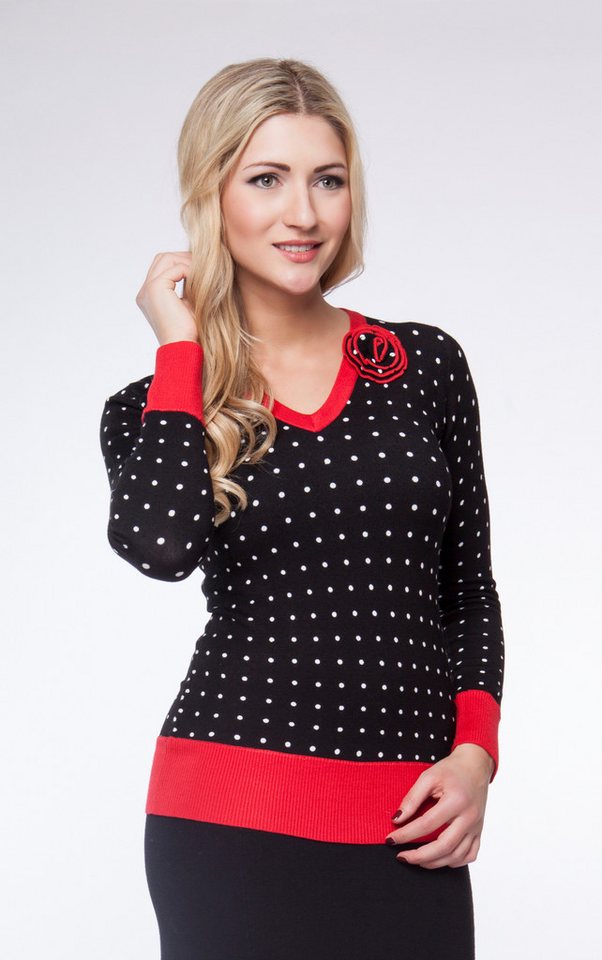Passioni Strickpullover in Schwarz mit Punkten und roten Details sowie Rosendetail von Passioni