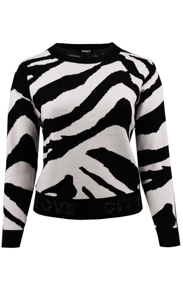 Passioni Strickpullover in schwarz ecru im Zebramuster mit Glitzersteinen Zebramuster von Passioni