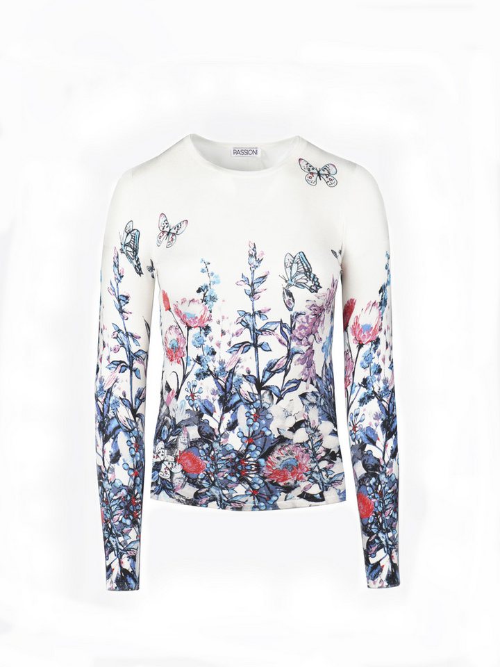 Passioni Strickpullover in weiß mit Blumen und Schmetterlingsmuster von Passioni