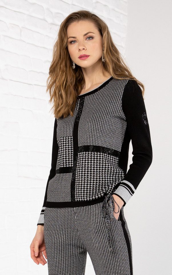 Passioni Strickpullover mit Hahnentrittmuster mit Glitzersteinen von Passioni