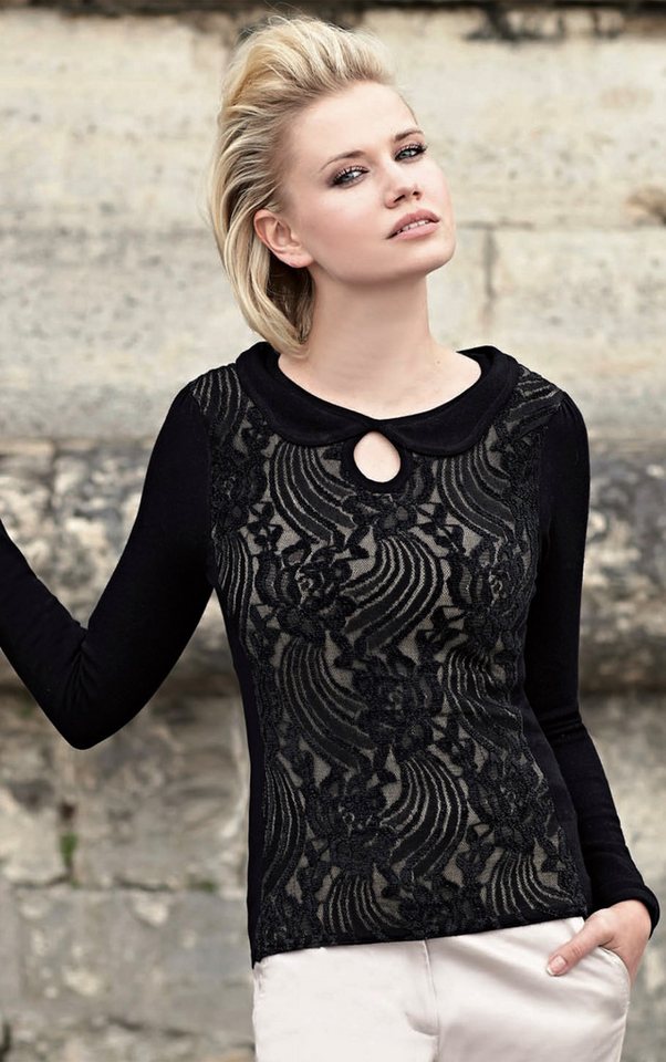Passioni Strickpullover mit Spitzenfront und kleinem Kragen mit Schlüssellochdetail von Passioni