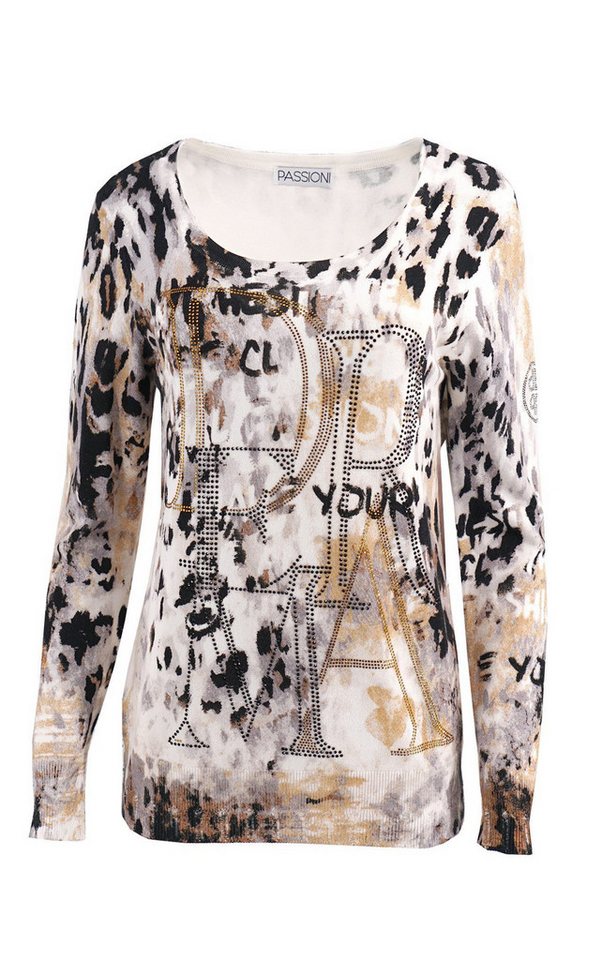 Passioni Strickpullover mit abstrahiertem Animal-Print und Schriftzug mit Strassstein-Details von Passioni